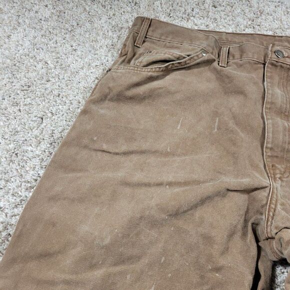 Dickies Carpenter Jeans Mens 44x30 Brown Denim Utility Workwear Distressed Marks - Picture 2 of 9